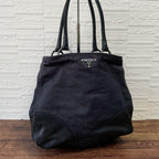 Prada Denim Leather Triangle Plate Logo Shoulder Tote Bag Black