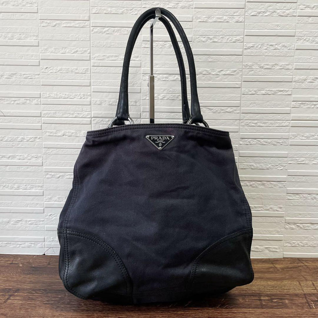 Prada Denim Leather Triangle Plate Logo Shoulder Tote Bag Black — view 2