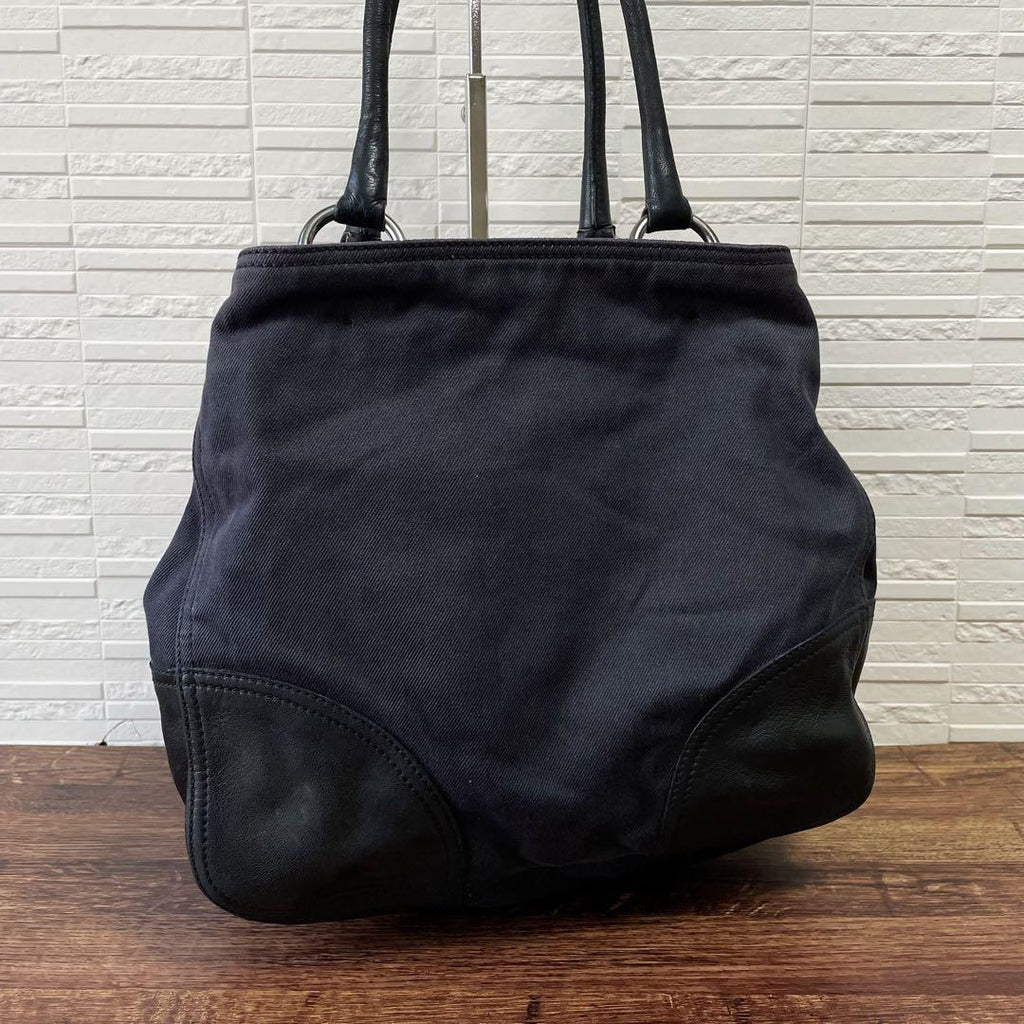 Prada Denim Leather Triangle Plate Logo Shoulder Tote Bag Black — view 3