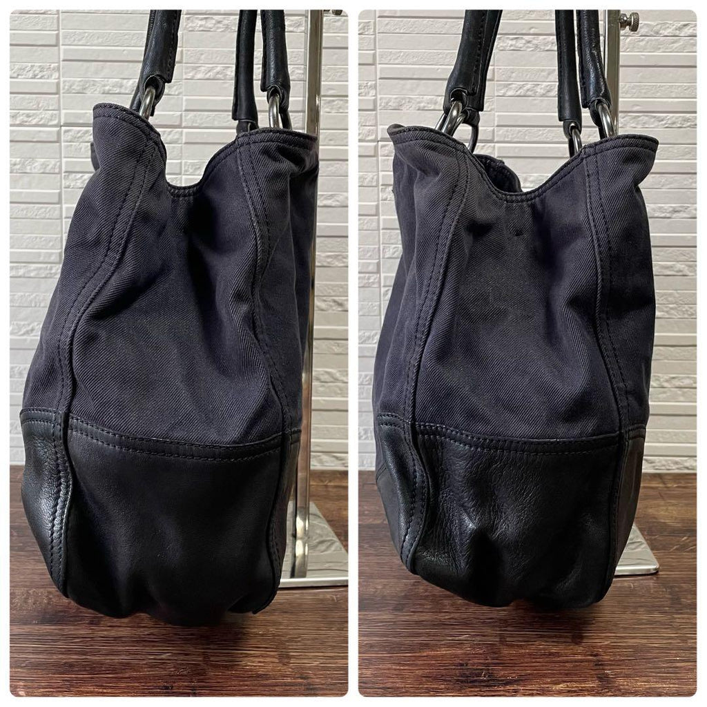 Prada Denim Leather Triangle Plate Logo Shoulder Tote Bag Black — view 4