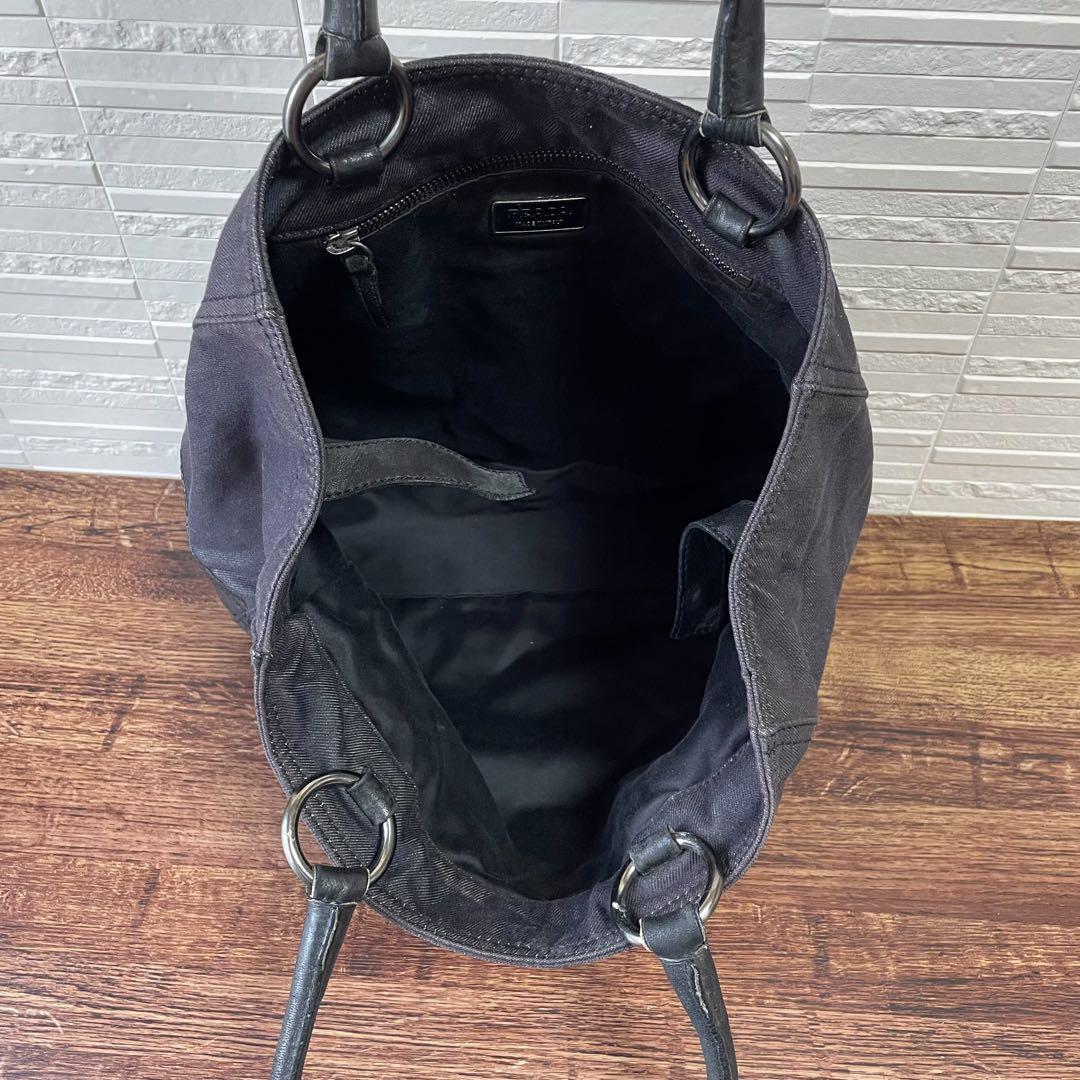 Prada Denim Leather Triangle Plate Logo Shoulder Tote Bag Black — view 8
