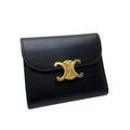 Celine Leather Triomphe Logo Gold Trifold Wallet Black