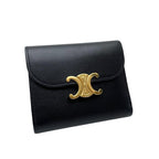 Celine Leather Triomphe Logo Gold Trifold Wallet Black