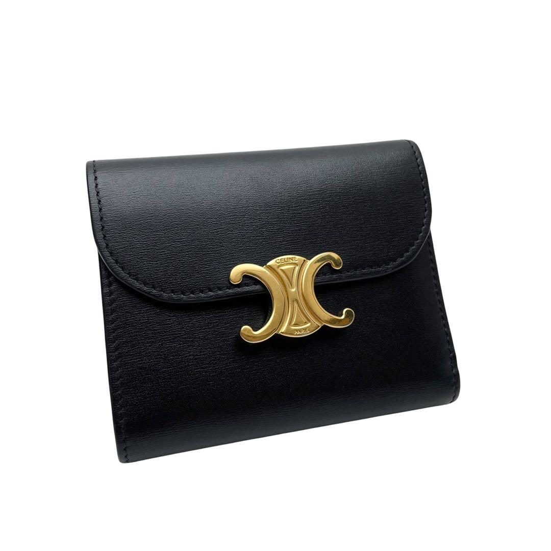 Celine Leather Triomphe Logo Gold Trifold Wallet Black