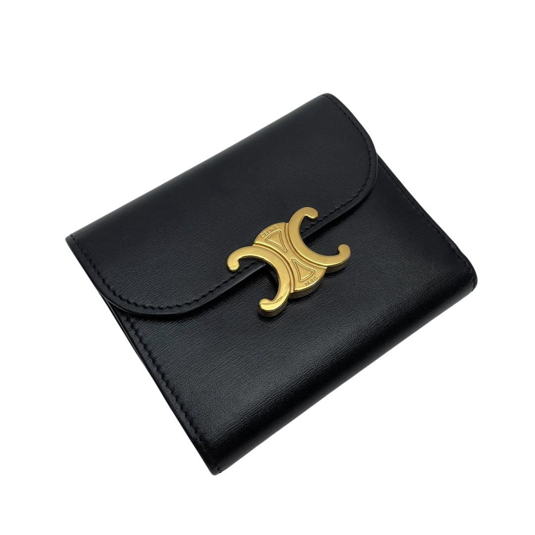 Celine Leather Triomphe Logo Gold Trifold Wallet Black — view 3