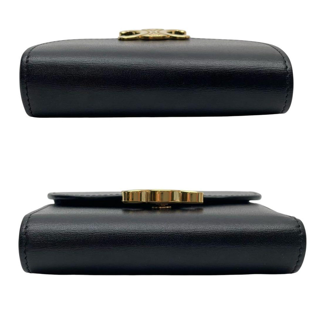 Celine Leather Triomphe Logo Gold Trifold Wallet Black — view 4