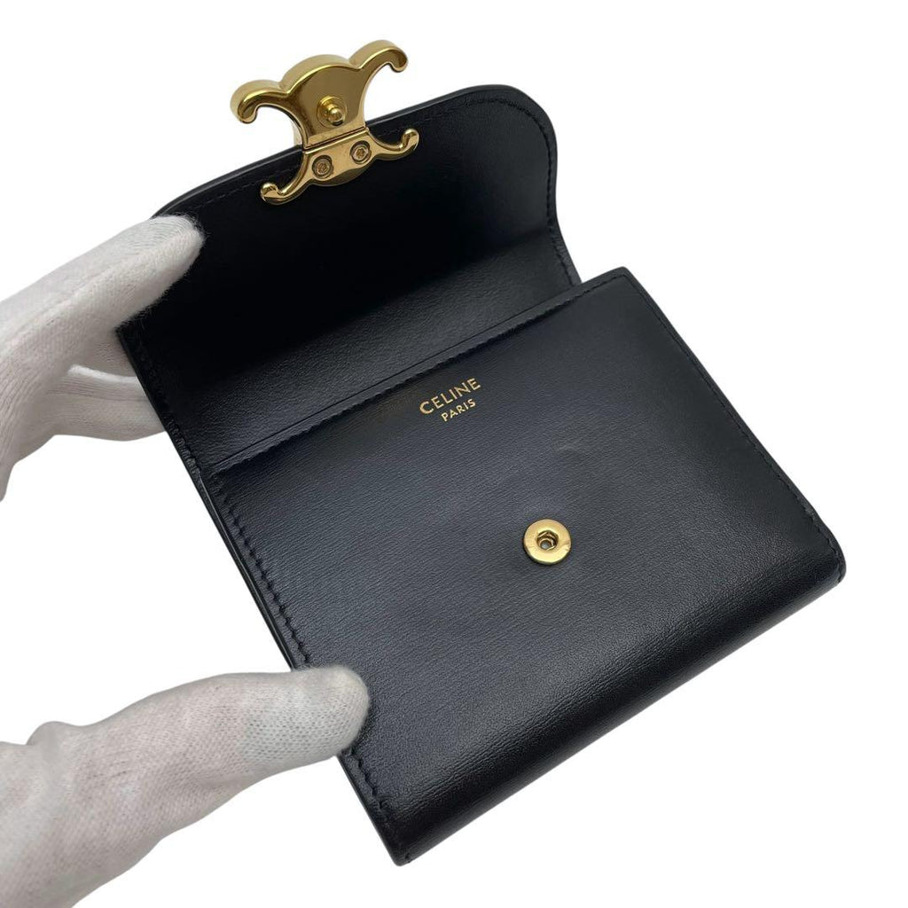 Celine Leather Triomphe Logo Gold Trifold Wallet Black — view 6