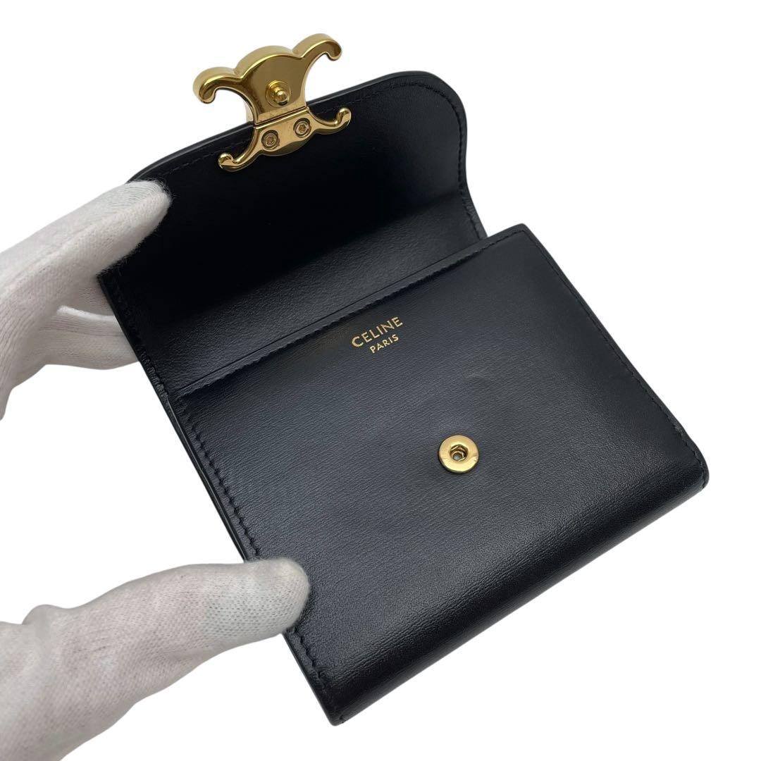 Celine Leather Triomphe Logo Gold Trifold Wallet Black — view 6