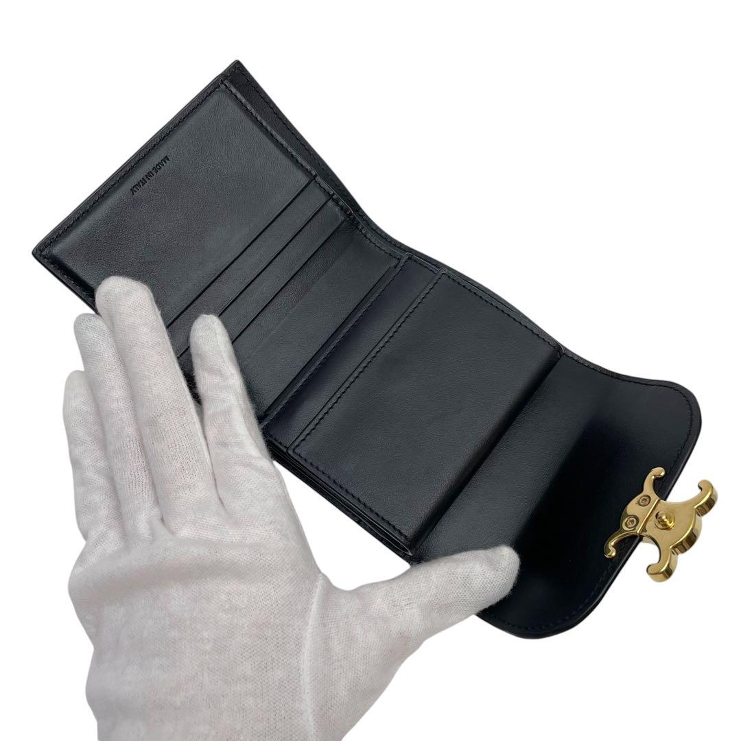 Celine Leather Triomphe Logo Gold Trifold Wallet Black — view 7