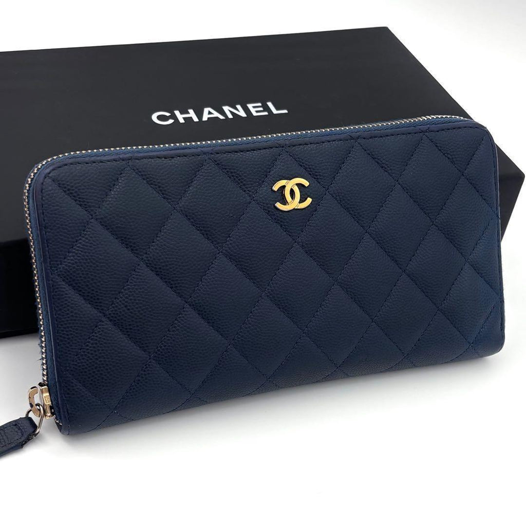 Chanel Quilted Caviar Leather Zip Around Wallet Navy