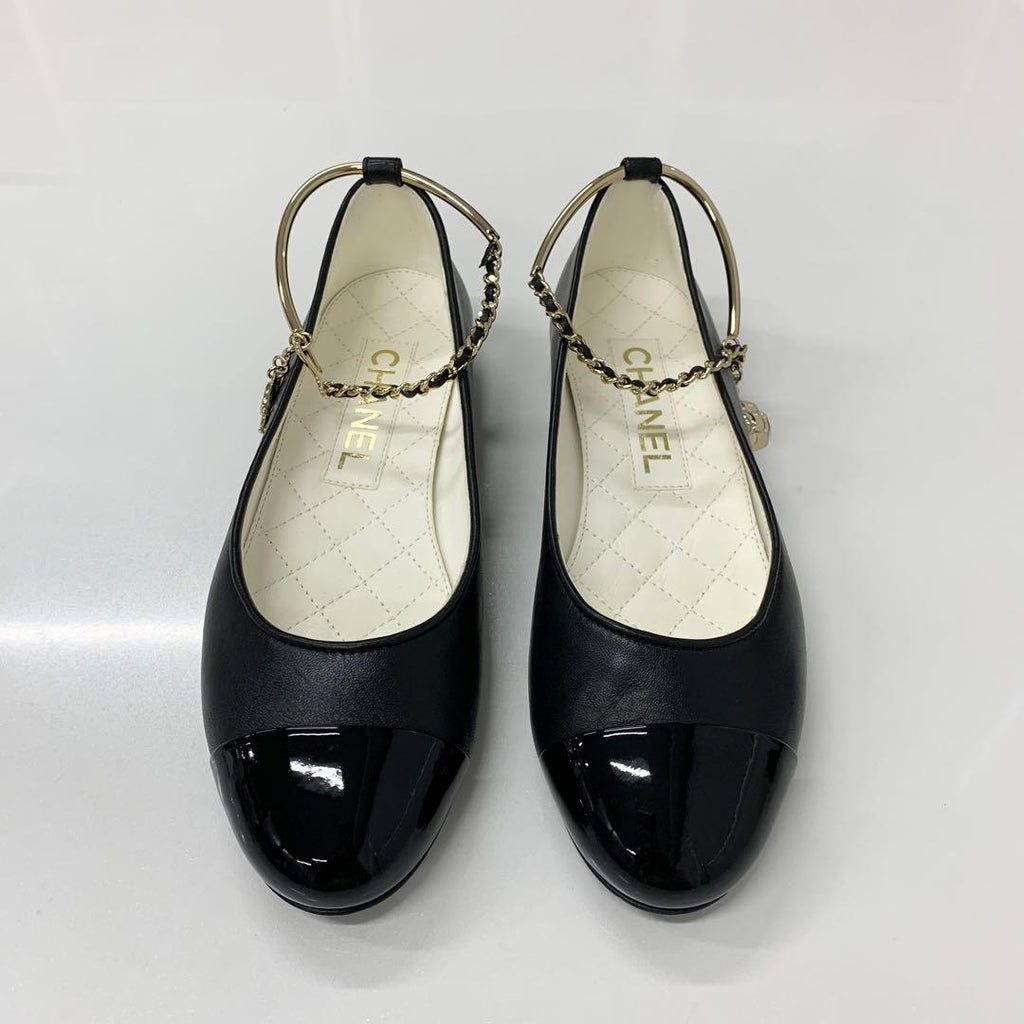 Chanel CC Logo Camellia Leather Chain Strap Flat Shoes — view 2