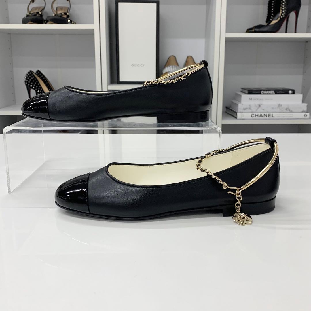 Chanel CC Logo Camellia Leather Chain Strap Flat Shoes — view 3