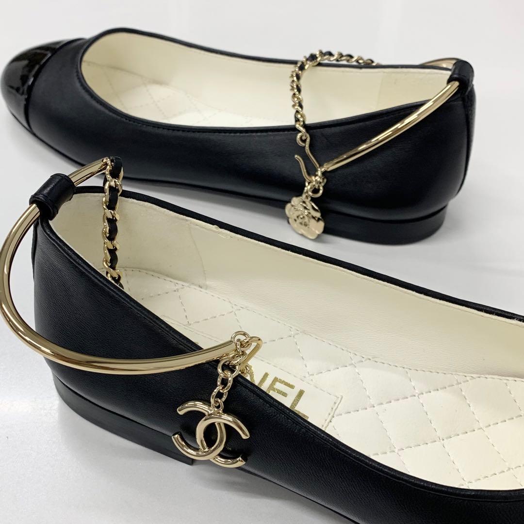 Chanel CC Logo Camellia Leather Chain Strap Flat Shoes — view 9