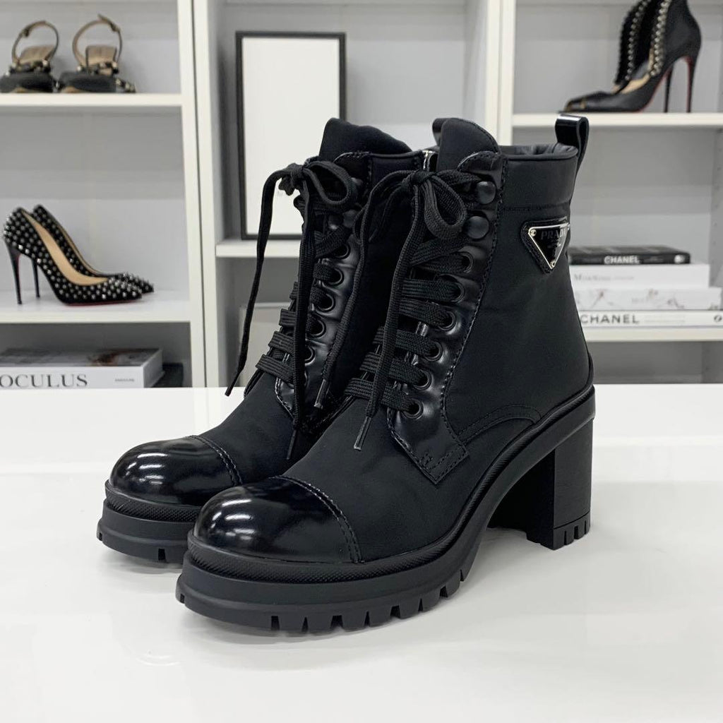 Prada Re-Nylon Leather Triangle Logo Boots Black — view 3