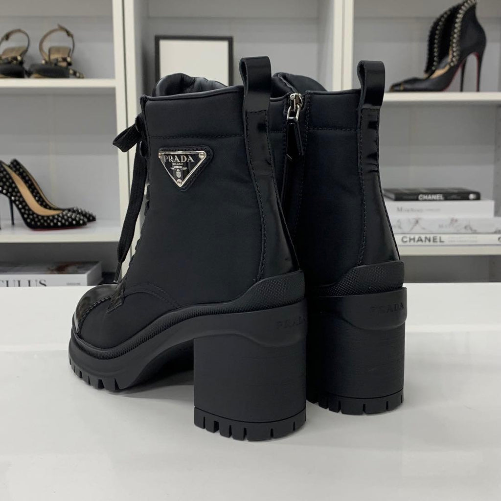 Prada Re-Nylon Leather Triangle Logo Boots Black — view 5
