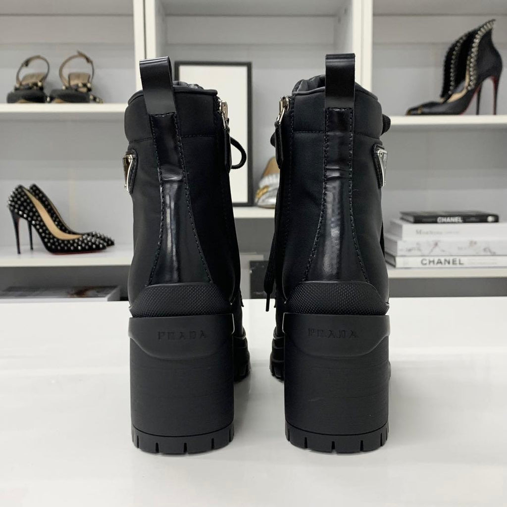 Prada Re-Nylon Leather Triangle Logo Boots Black — view 6