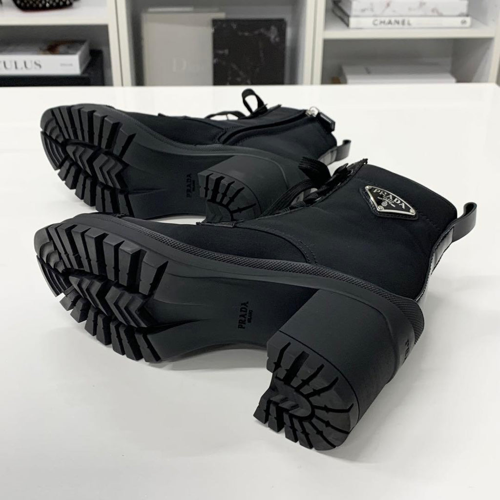Prada Re-Nylon Leather Triangle Logo Boots Black — view 7