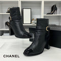 Chanel CC Logo Belt Leather Patent Short Boots Black