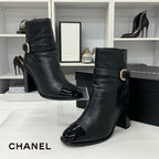 Chanel CC Logo Belt Leather Patent Short Boots Black
