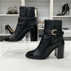 Chanel CC Logo Belt Leather Patent Short Boots Black — view 2
