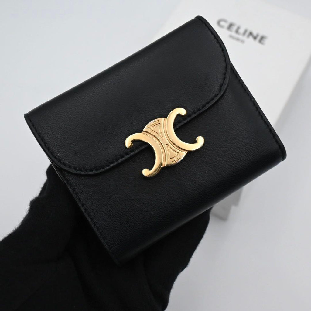 Celine Trio Trifold Wallet Calfskin Black Gold