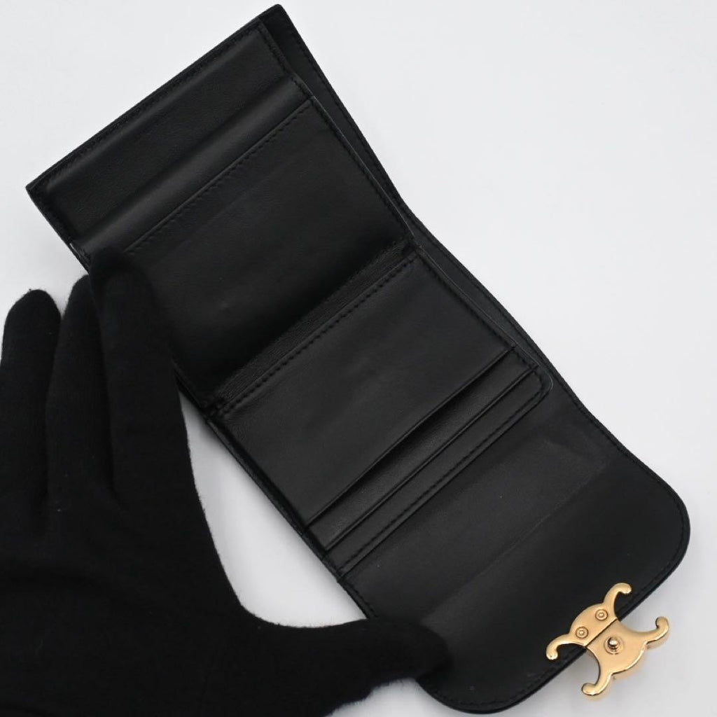 Celine Trio Trifold Wallet Calfskin Black Gold — view 4