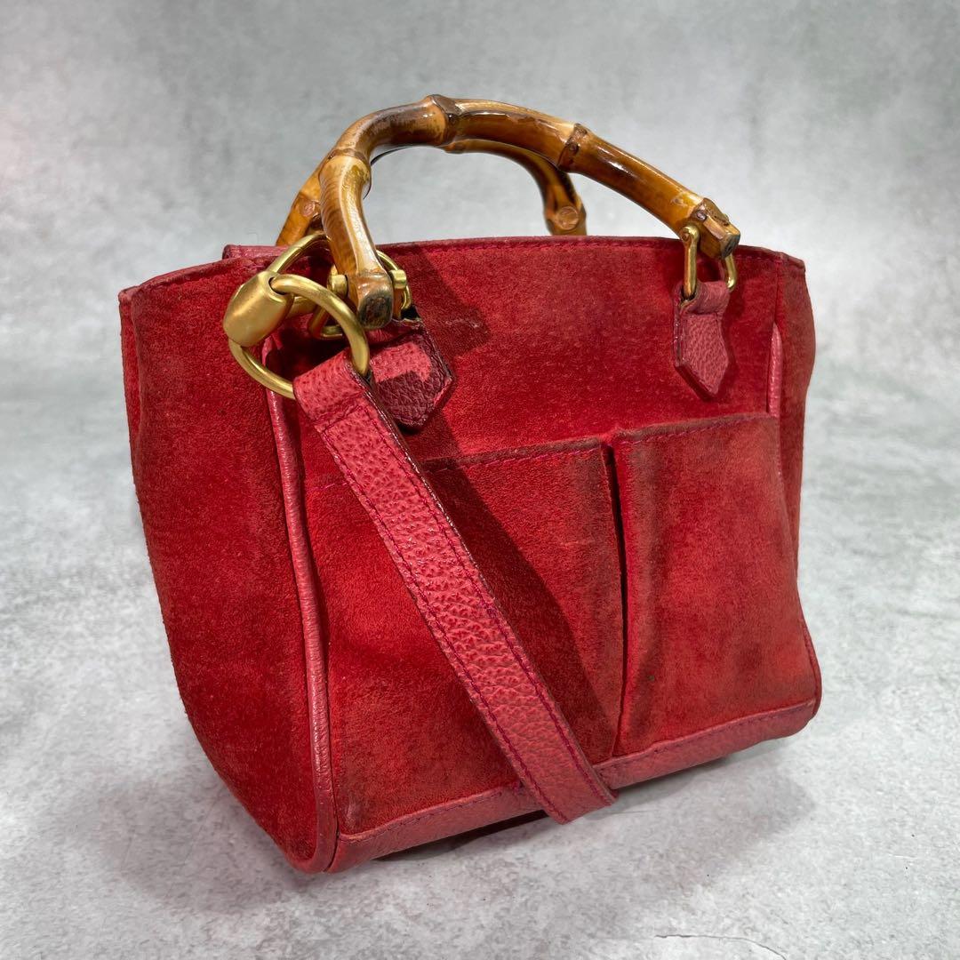 Gucci Shoulder Bag 2-Way Suede Bamboo Red Leather