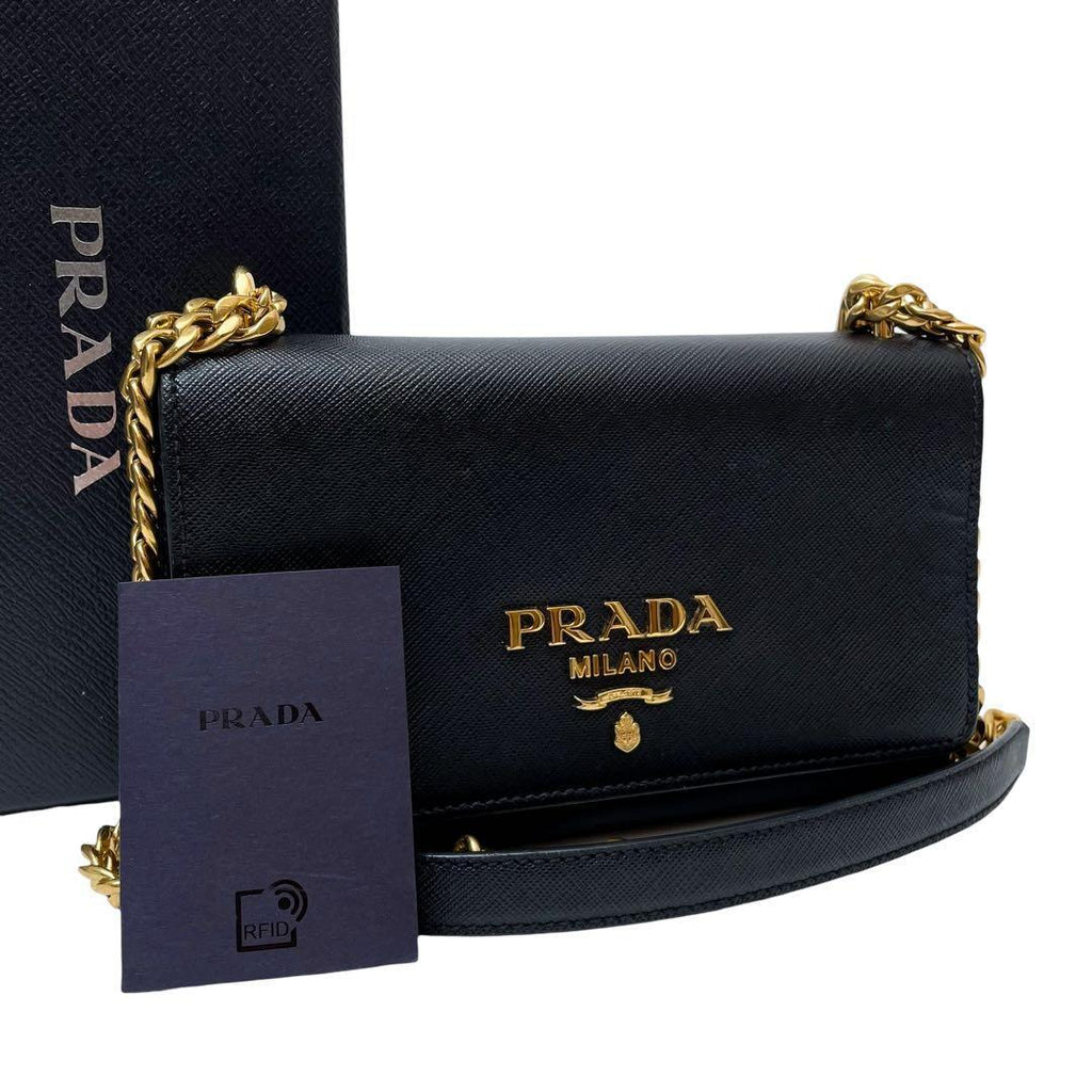Prada Saffiano Nylon Leather Chain Shoulder Bag Black