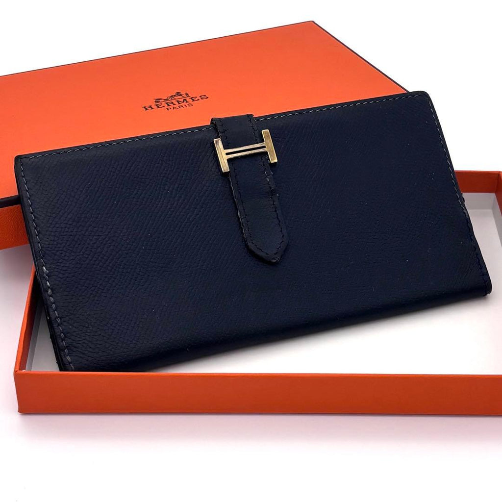 Hermes Bearn Classic Bifold Wallet Navy Leather Epsom