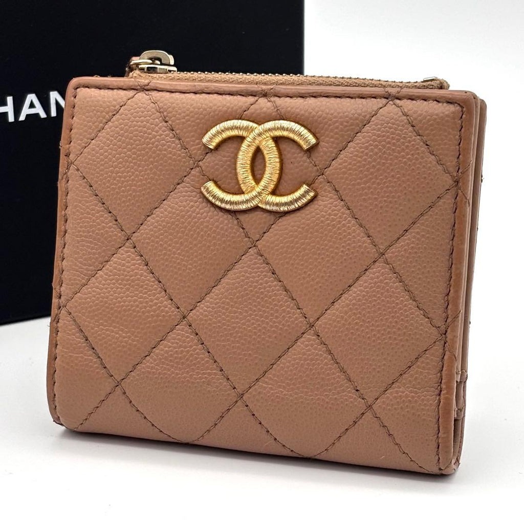 Chanel Quilted CC Logo Bifold Wallet Beige Caviar Leather
