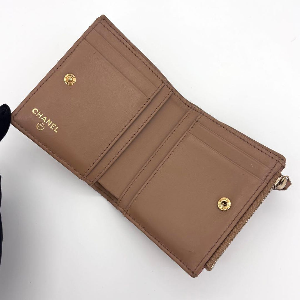 Chanel Quilted CC Logo Bifold Wallet Beige Caviar Leather — view 3