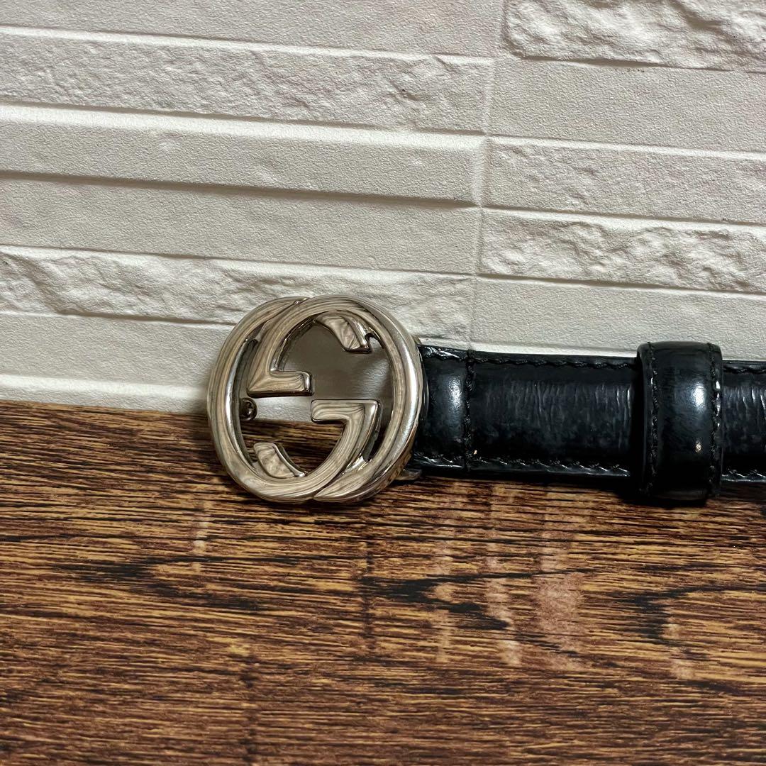 Gucci GG Interlocking Buckle Leather Belt Silver Black — view 7