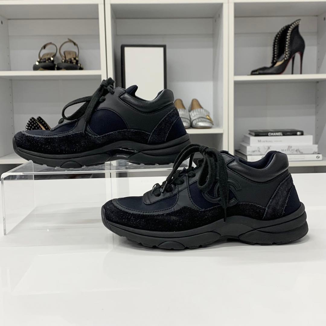 Chanel CC Logo Leather Fabric Suede Sneakers Black — view 2