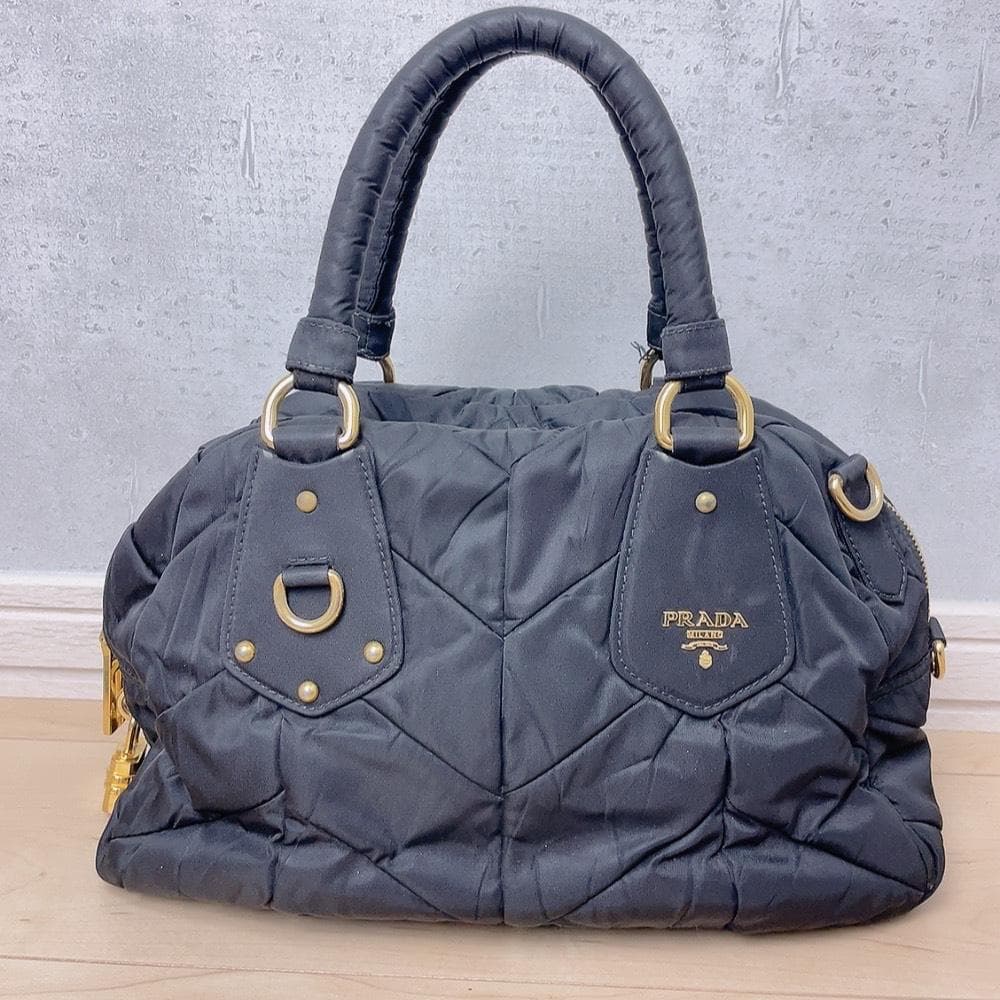 Prada Quilted 2-Way Handbag Black Logo Tessuto — view 2