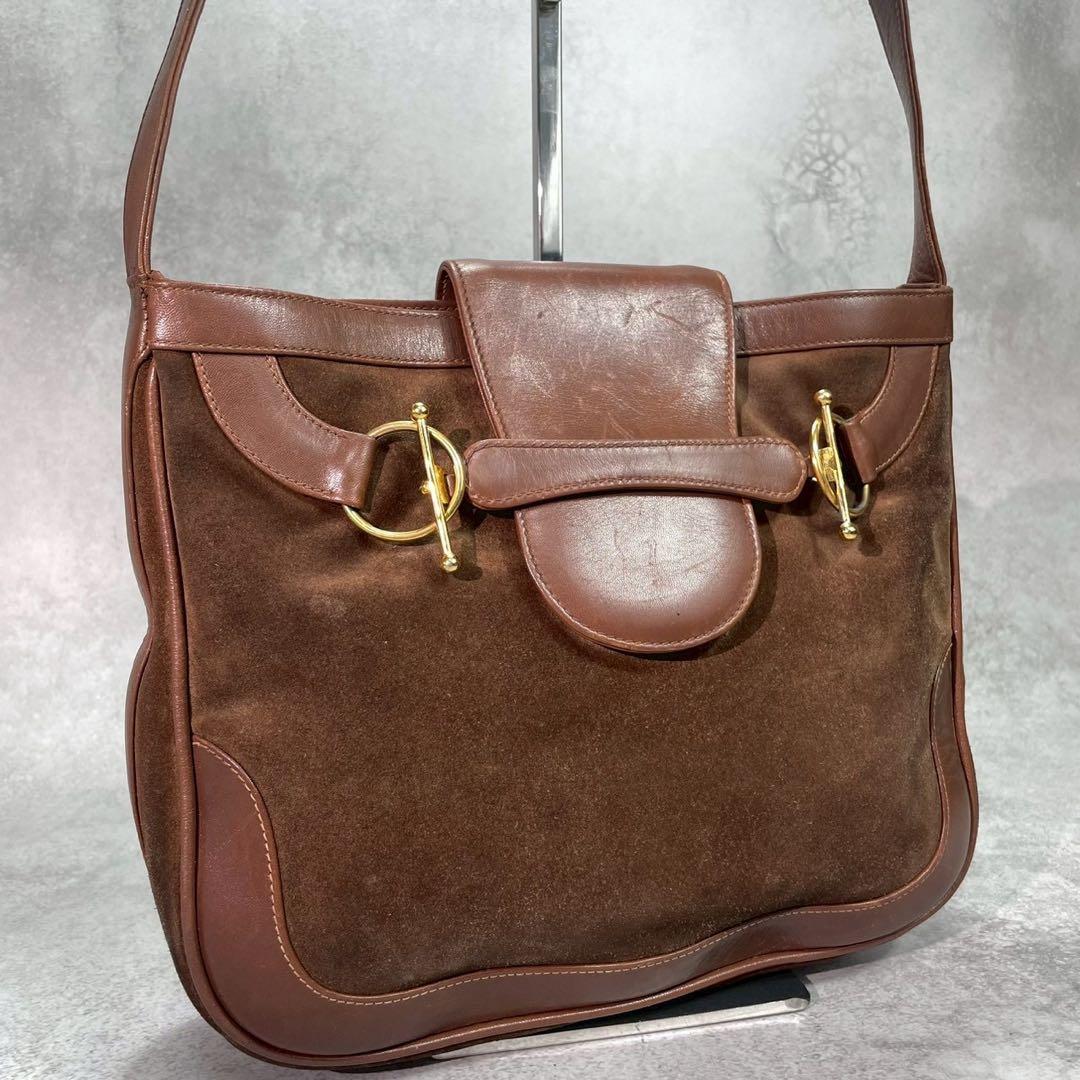 Gucci Shoulder Bag Horsebit Suede Brown Leather