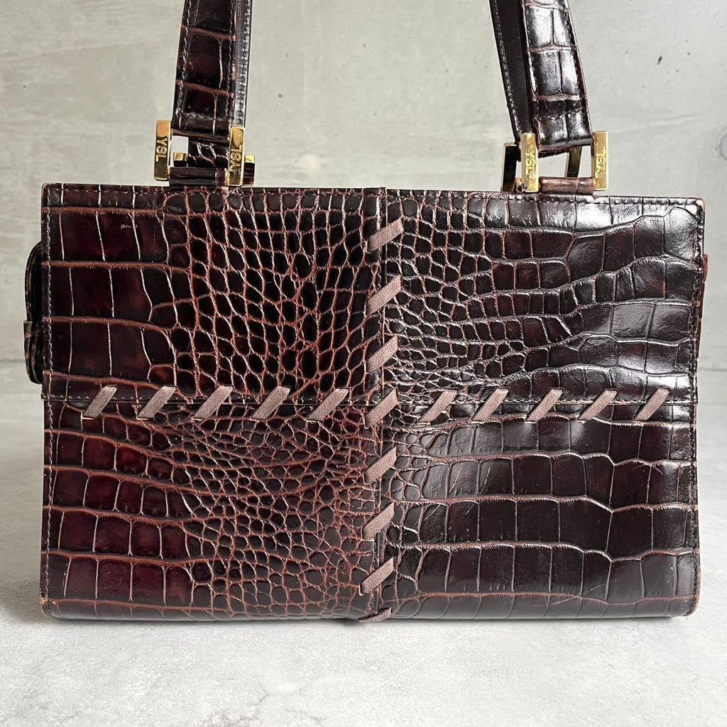 Saint Laurent Croco Embossed Handbag Brown — view 2