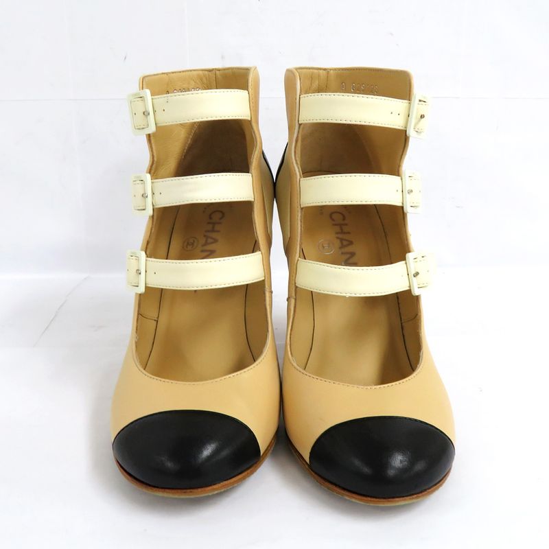 Chanel Short Boots Ankle Strap Coco Mark 35.5 Beige Black White — view 2