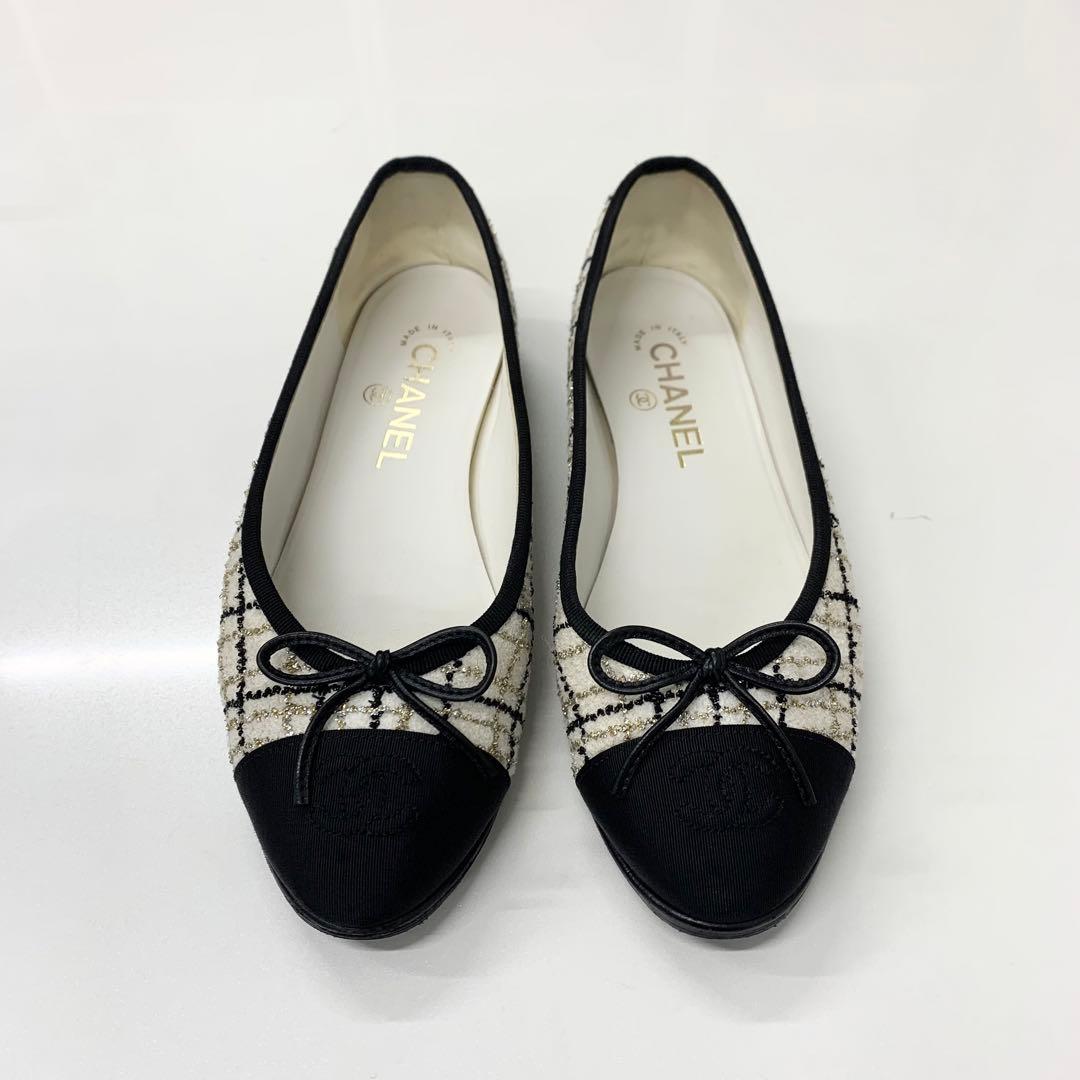 Chanel Ballerina CC Logo Tweed Fabric Ribbon Ballet Shoes — view 2