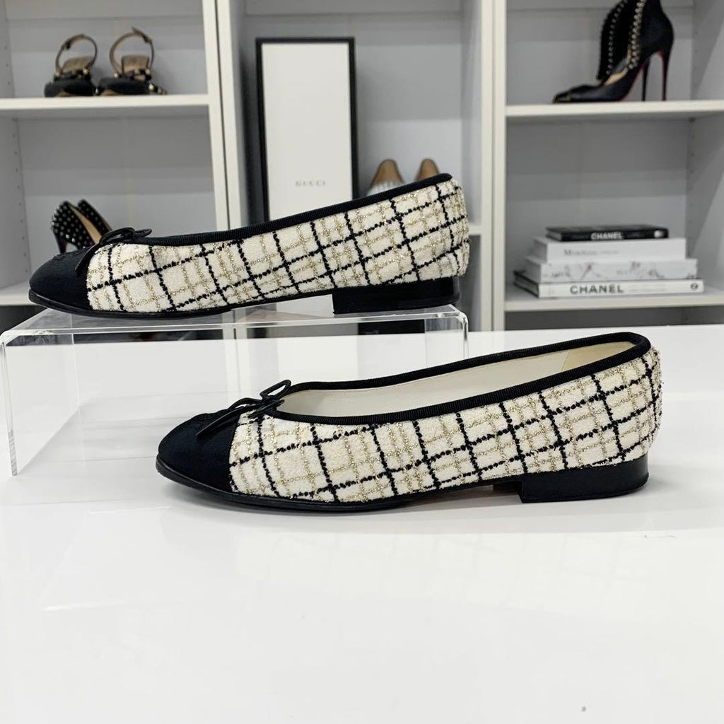 Chanel Ballerina CC Logo Tweed Fabric Ribbon Ballet Shoes — view 3