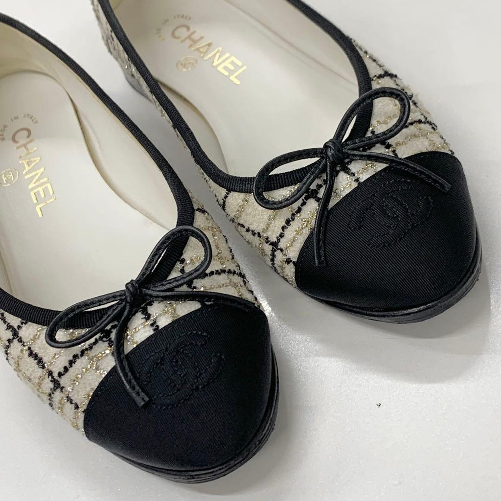 Chanel Ballerina CC Logo Tweed Fabric Ribbon Ballet Shoes — view 9