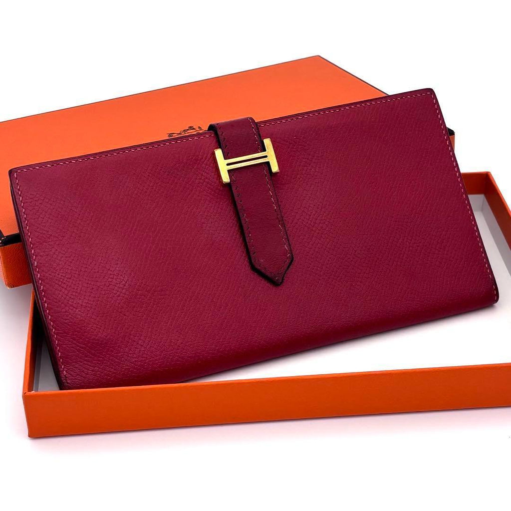 Hermes Bearn Soufflet Red Fold Wallet Bifold Leather