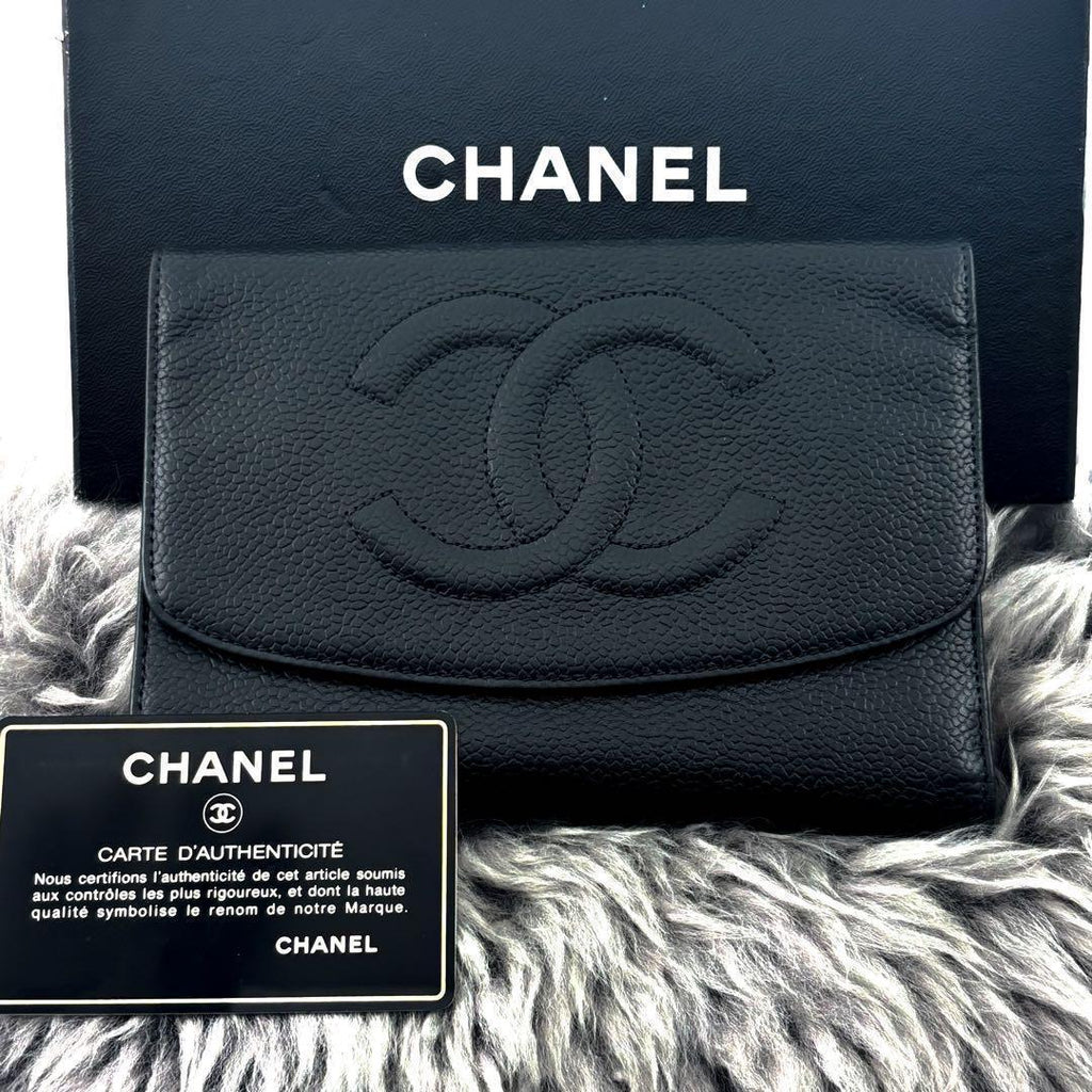 Chanel Wallet Jumbo CC Logo Caviar Trifold Round Charm Black