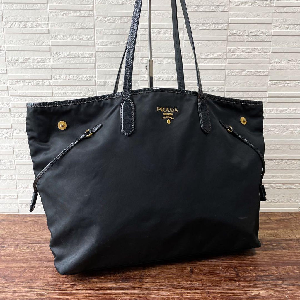 Prada Logo Nylon Leather Shoulder Tote Bag Black