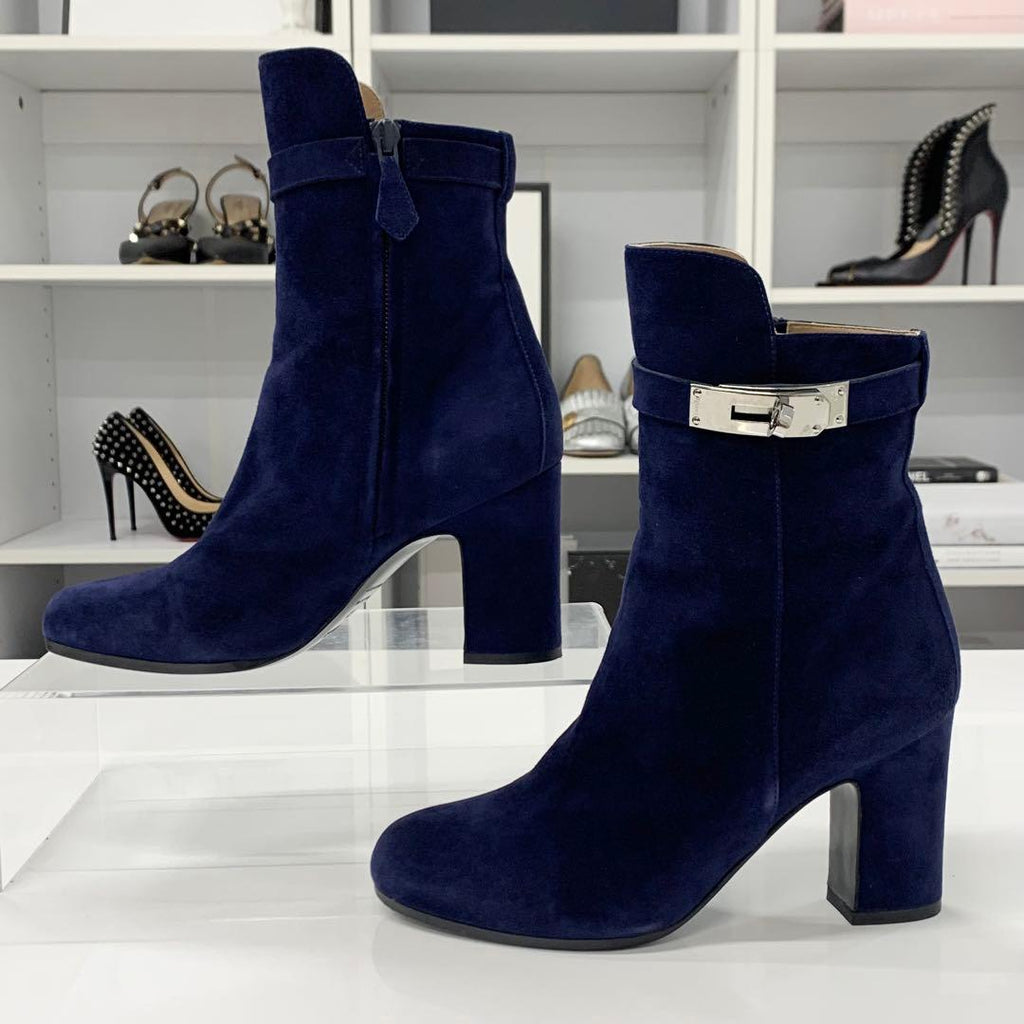 Hermes Jews Kelly Hardware Suede Short Boots Navy — view 2