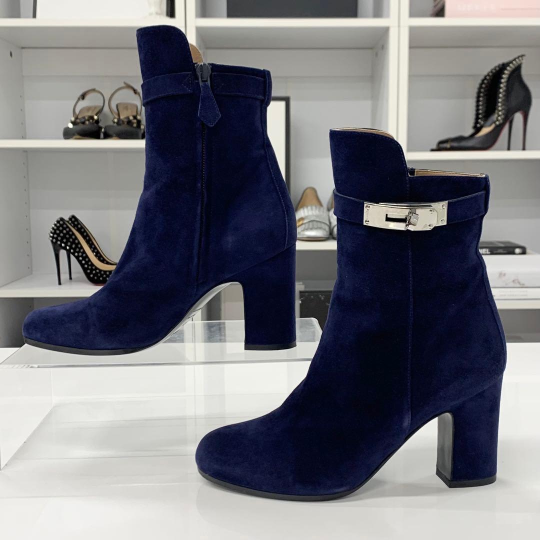 Hermes Jews Kelly Hardware Suede Short Boots Navy — view 2