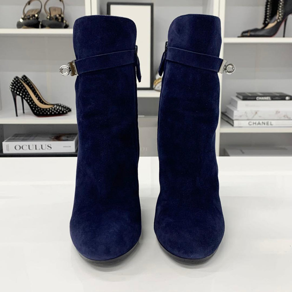 Hermes Jews Kelly Hardware Suede Short Boots Navy — view 4