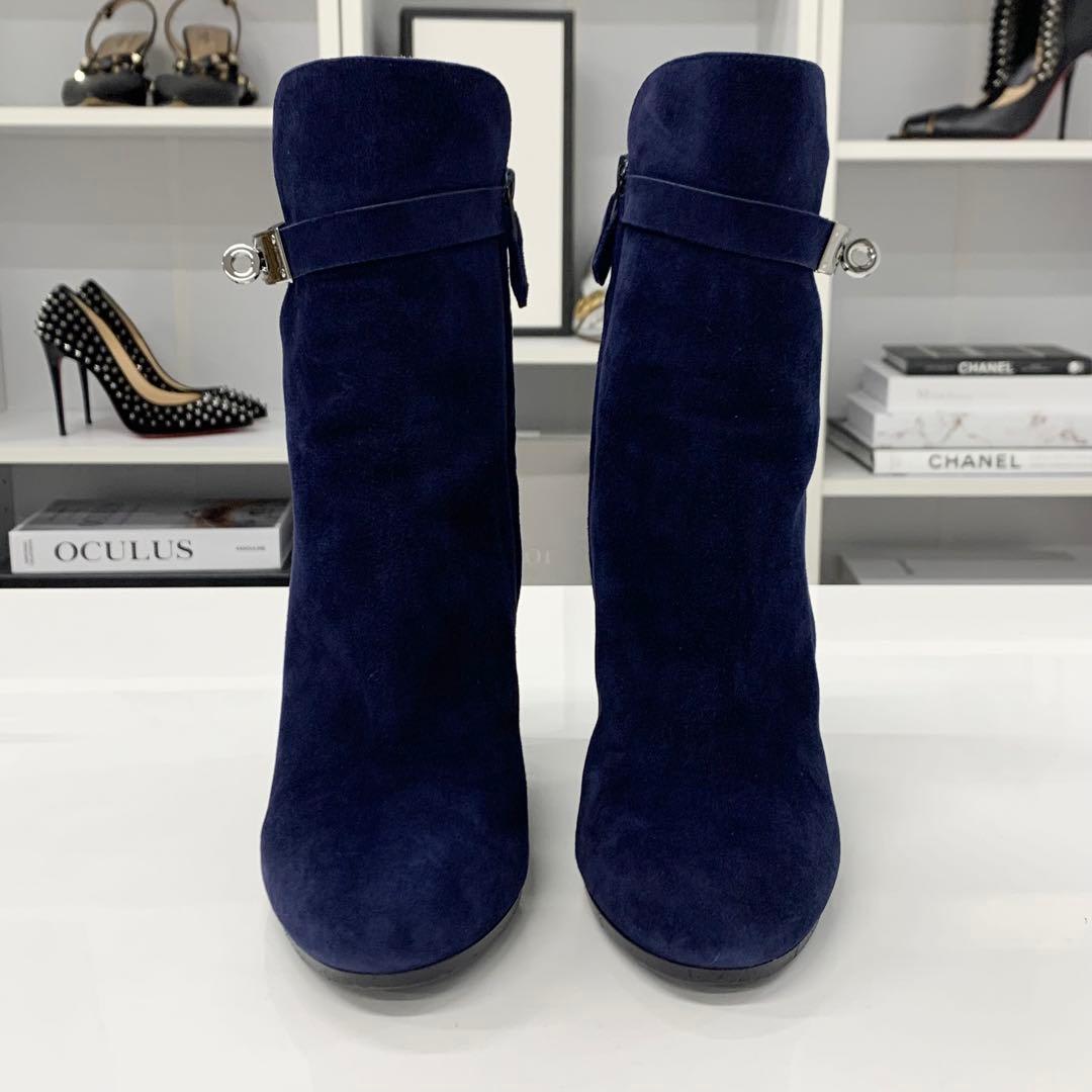 Hermes Jews Kelly Hardware Suede Short Boots Navy — view 4