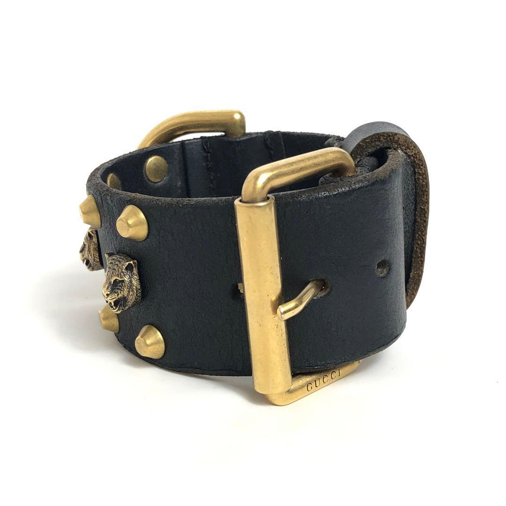 Gucci Leather Bracelet Cat Head Black Gold Hardware — view 2