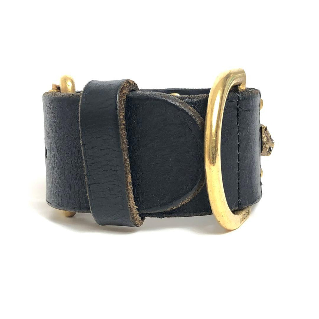 Gucci Leather Bracelet Cat Head Black Gold Hardware — view 3