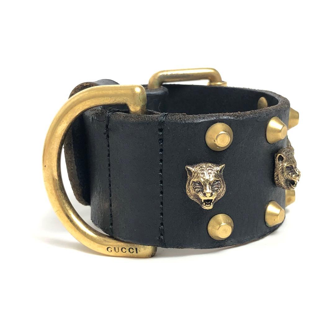 Gucci Leather Bracelet Cat Head Black Gold Hardware — view 4